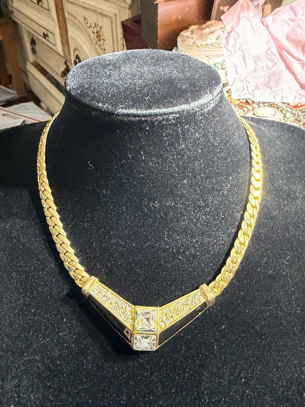 Vintage Gold-Tone Crystal Statement Necklace 16”